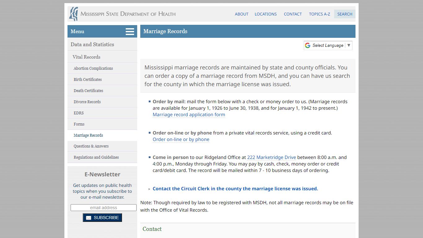 Marriage Records - Mississippi State Department of Health